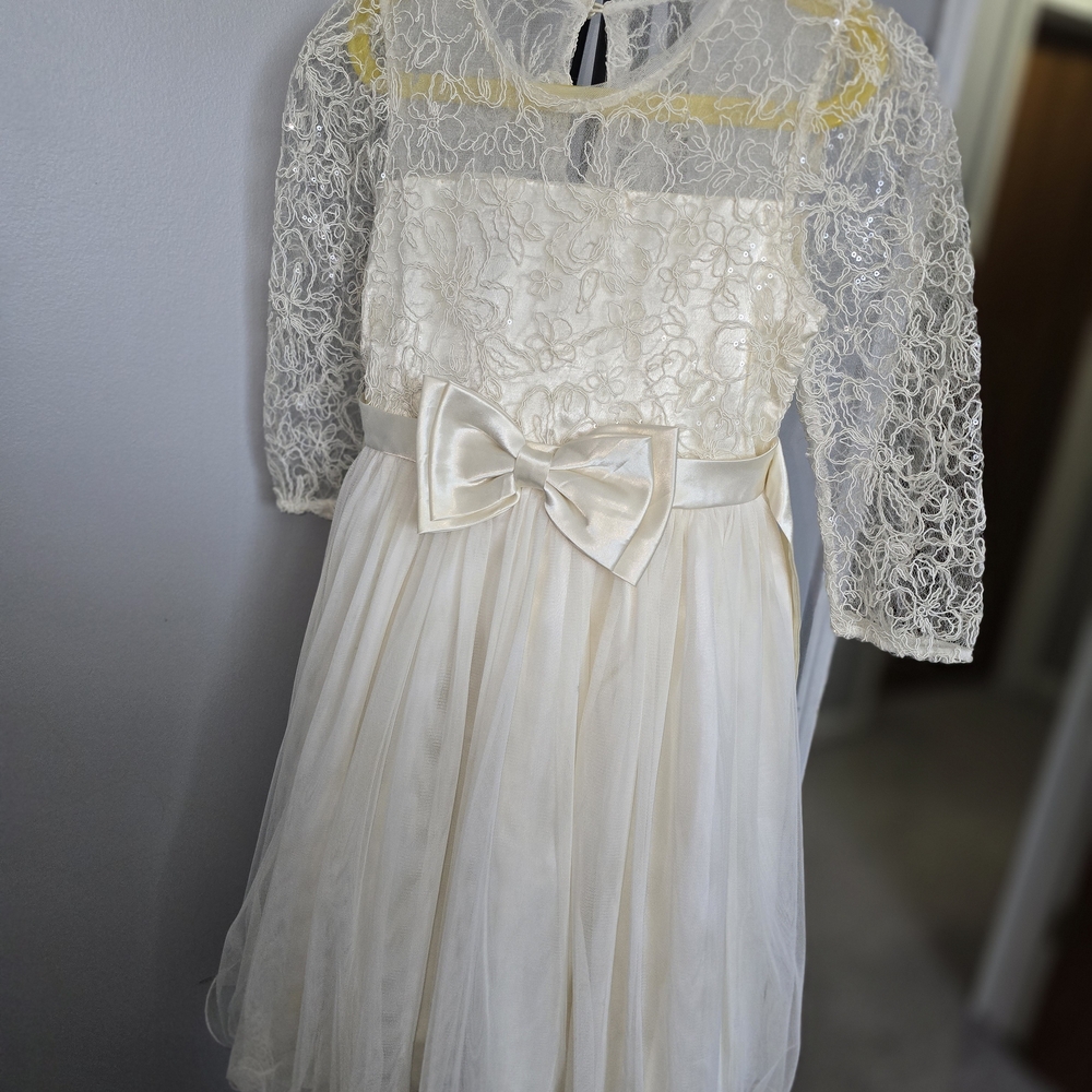 Bonnie Jean Cream Lace Formal Dress with Bow